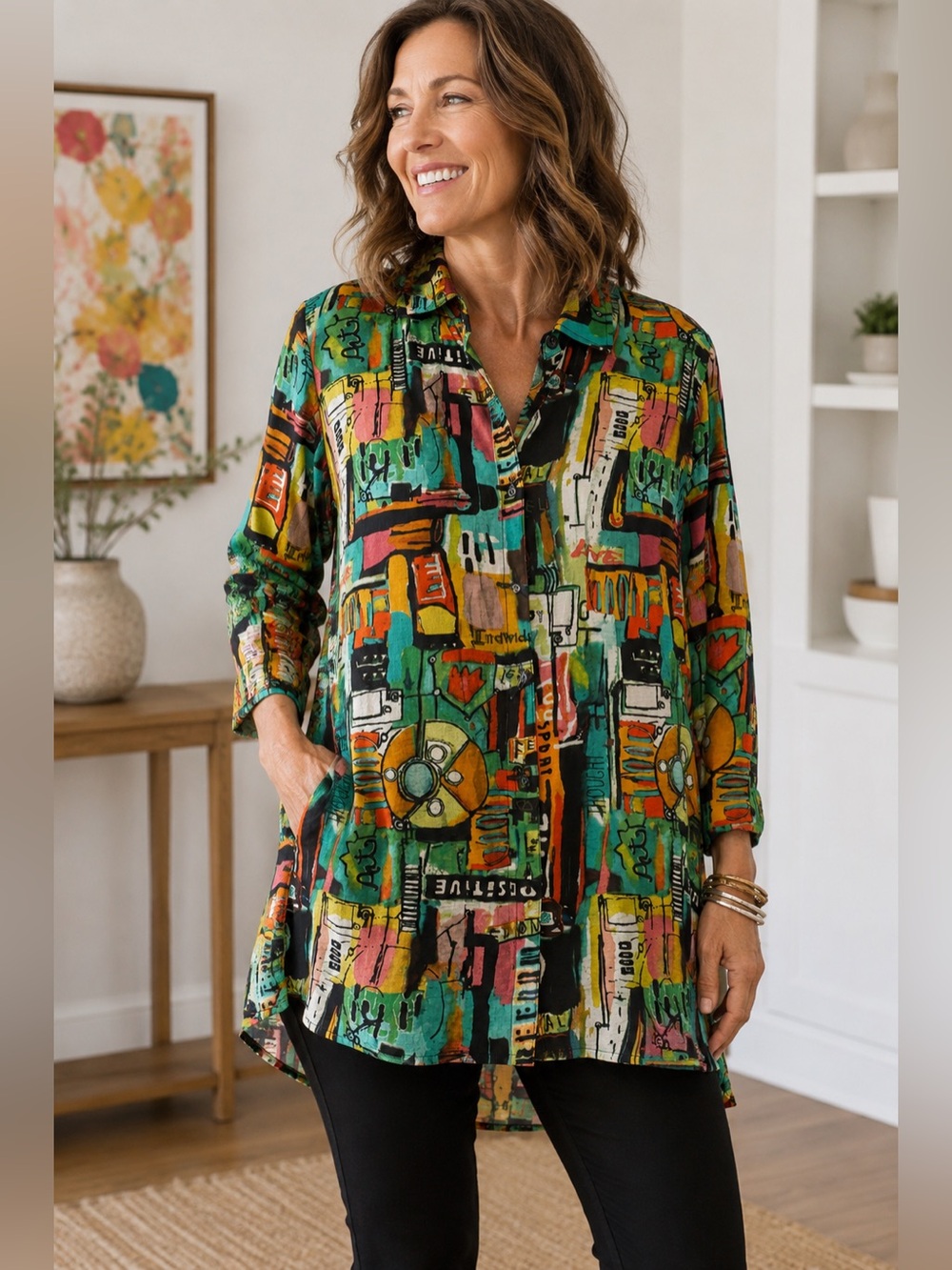 Ali Miles Abstract Print Button-Front Tunic Size Large EUC